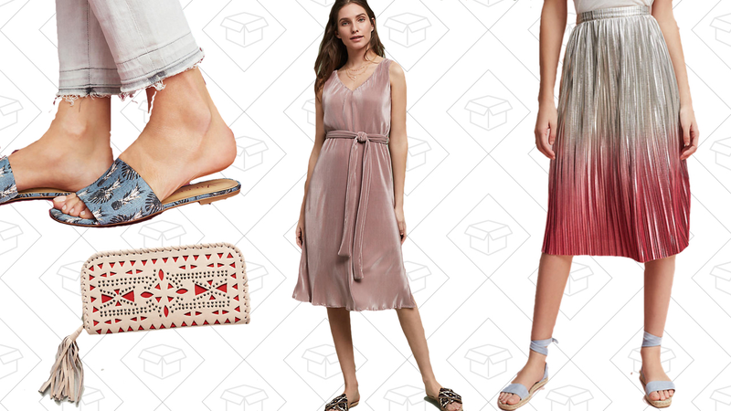 Vicenza Palm Print Slide Sandals, $60 | Neptune Wallet, $110 | Blushed Dusk Dress, $70 | Ombre Pleated Skirt, $70